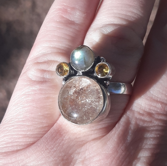 New Rutilated Quartz, Labradorite & Citrine 925 Silver Ring. - Picture 1 of 8